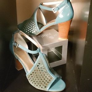Joan and David Luxe turquoise heel cone sandals